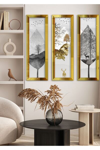 Evinemoda Doğa Geyik Gold Pleksi Aynalı 3 Parça Tablo