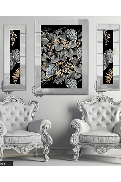 Evinemoda Yaprak Gümüş 3 Parça Aynalı Tablo