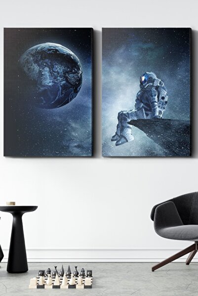 Evinemoda 45x65 Cm Peisaj Lunar cu Astronaut 2 Piese Pânză - Tablou pe Pânză