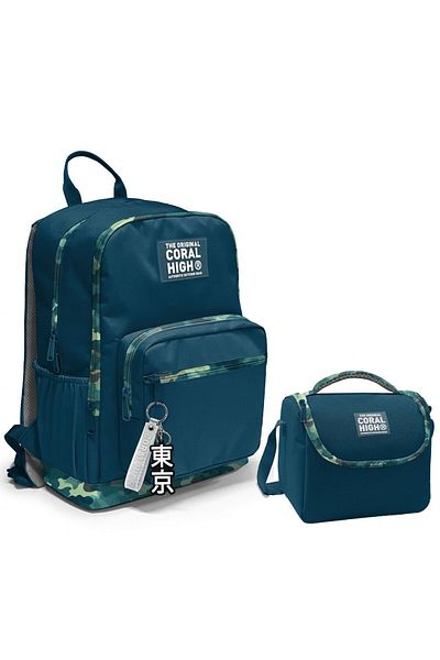 Coral High Nefti Camouflage Four-Compartment Junior High School and Lunch Box Set for Boy