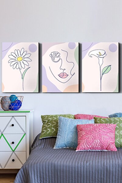 Evinemoda Minimalna žena sa cvećem, 3-dijelna slika na platnu - Slika na platnu