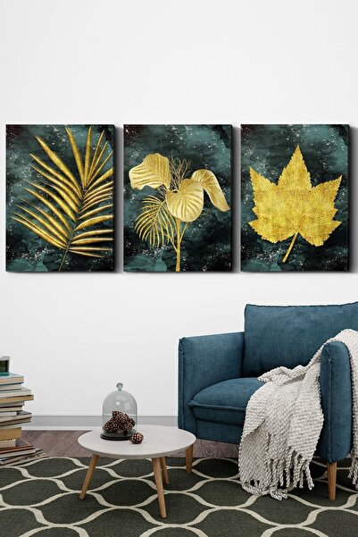 Evinemoda Zlatna lišća 3-dijelni platno - Slika na platnu