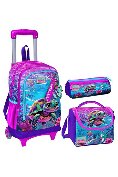 Coral High مجموعة حقيبة دوارة مضاءة على شكل سلحفاة وردية أرجوانية وعربة ثلاثي...