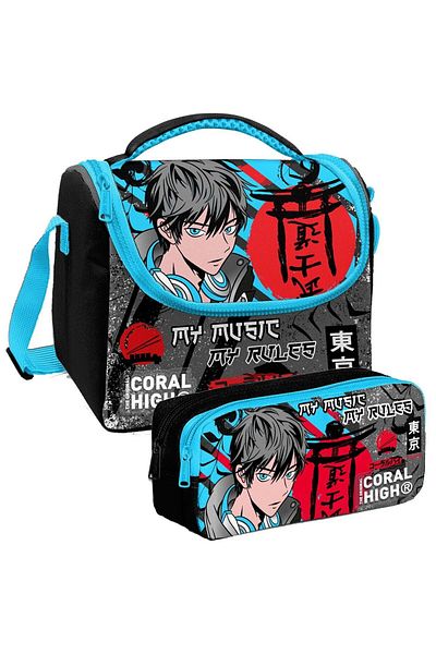 Coral High Set cutie de prânz cu izolație termică și suport pentru stilou cu model anime negru albastru pentru băiat