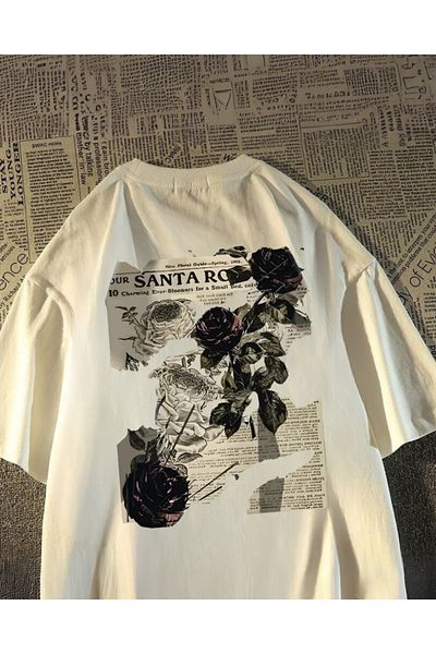 Touz Moda Unisex Oversize Vintage T-shirt - Streetwear Rose Printed