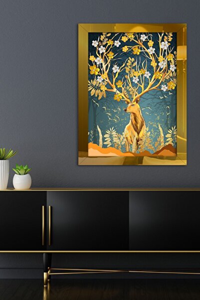 Evinemoda Gold Geyik Çiçekler Tek Parça Pleksi Tablo