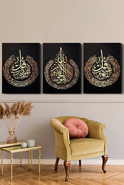 Evinemoda Ayetel Kürsi Felak Nas Suresi Gold 3 Parça Kanvas - Canvas Tablo