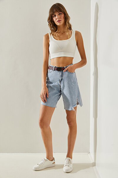 Bianco Lucci Pantaloni scurți și bermude din denim pentru femei cu detaliu rupt cu centură - 60251376