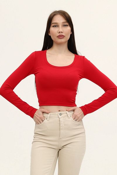 LAENT Women's Red Crew Neck Long Sleeve Crop Blouse