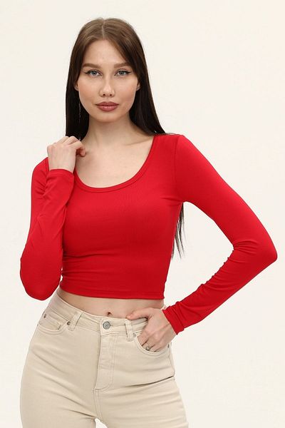 LAENT Women's Red Crew Neck Long Sleeve Crop Blouse