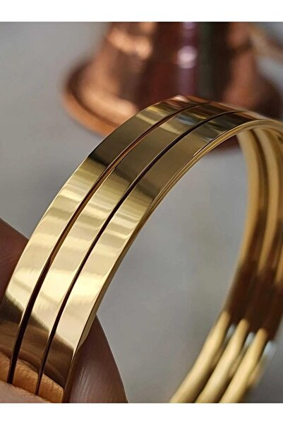 WEN JEWELLERY 22 AYAR GOLD ÇELİK KALIN AJDA BİLEZİK 3 LÜ DÜZ PASLANMAZ