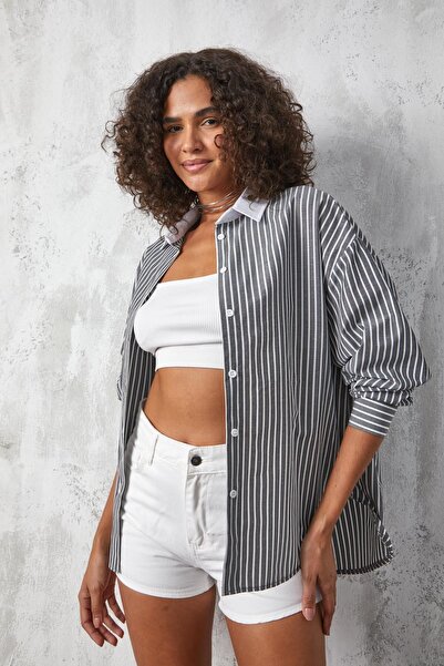 minaaise Cămașă oversize neagră cu dungi albe - 27175