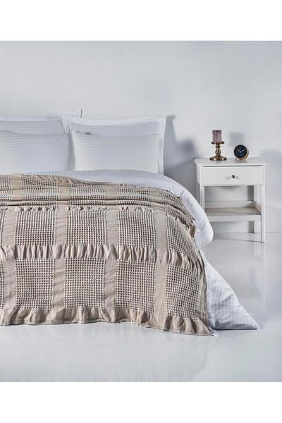 Denizli Concept Waffle Pike Honeycomb Bedspread - 230x250, Beige/White/Navy Blue, Stylish and Comfortable