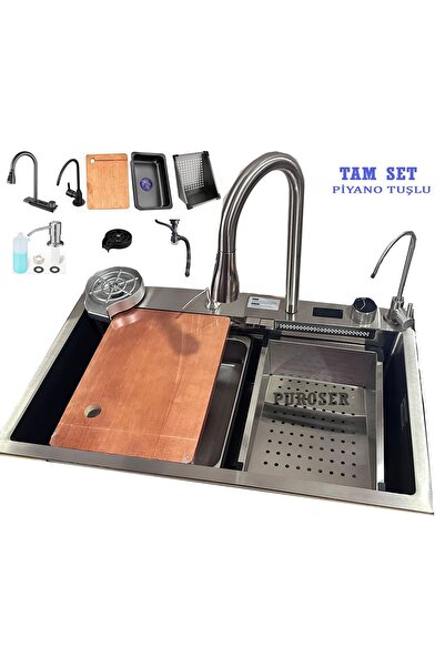 PUROSER Teknolojik Mutfak Eviyesi Piyano Tuşlu Dijital Göstergeli 304 Krom Gö...