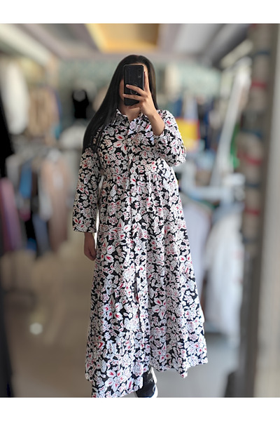 Sublime Butik Φόρεμα Ethnic Floral Print με μακρύ πουκάμισο γιακά και λεπτομέ...