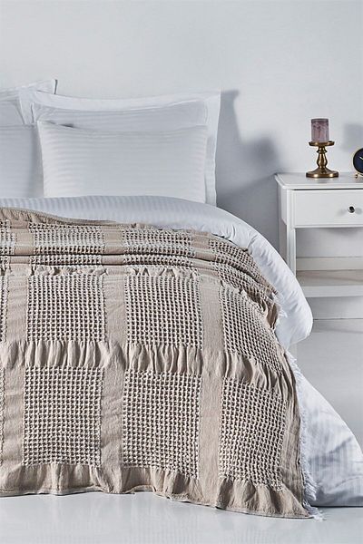 Denizli Concept Waffle Pike Honeycomb Bedspread - 230x250, Beige/White/Navy Blue, Stylish and Comfortable
