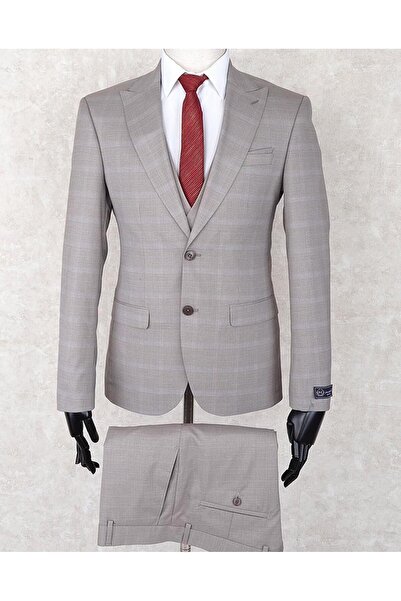 Jan Carlucci Slim Fit Sivri Yaka-çift Yırtmaç Taş Rengi Drop 6 Yelekli Takım ...