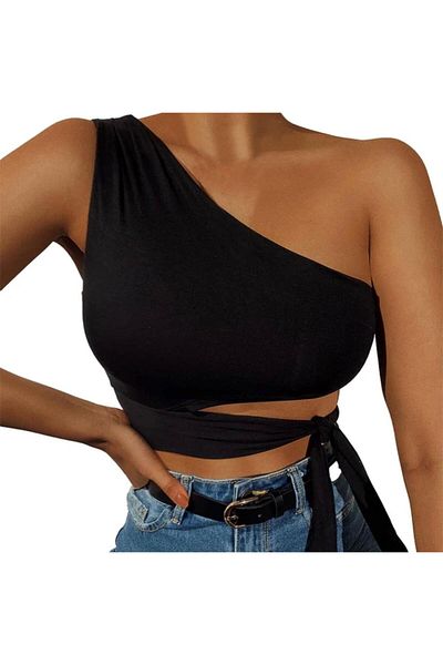 f-maskfashion Black Sandy Fabric Single Sleeve Waist Detail Bustier