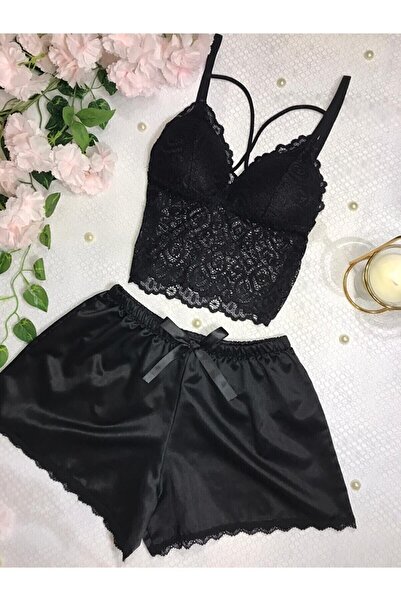 Genel Markalar Siyah Saten Şortlu Bralet Takım