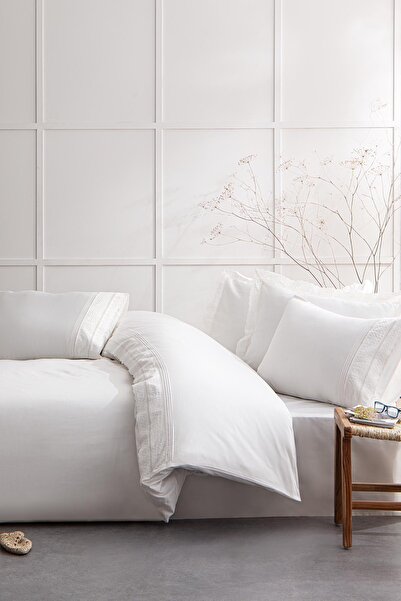 Ecocotton Liva Krem King (Battal) Size %100 Organik Pamuk Saten Brodeli Nevre...