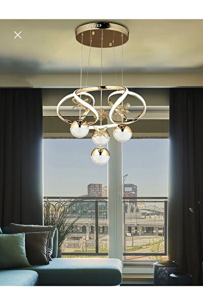 burenze Dimmerli Kumandalı 3 Renk Modern Kristal Taşlı Salon Mutfak Oturma Odası Avize Gold Sarı Led Avize
