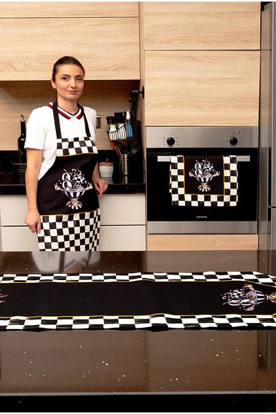 Latuda Concept Checkered Pumpkin Patterned 3-Piece Kitchen Set - Runner, Oven Cover and Kitchen Apron Gift-Ltd365-S