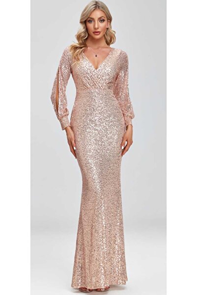 hilaltrendd Uzun kollu kruvaze yaka pullu abiye