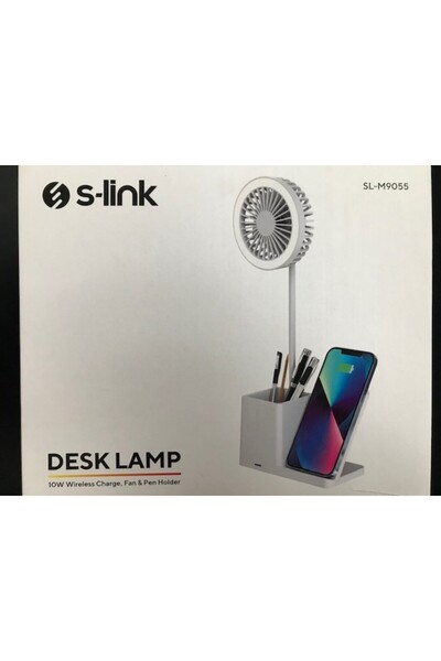 S-LINK Sl-m9055 Beyaz Typec 10w Kablosuz Şarj Cihazı Fanlı Kalemlikli Masa Lambası