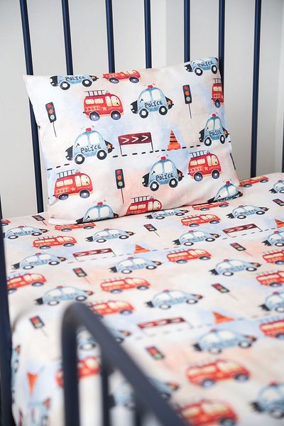 Pithy Organic Cotton Satin Fitted Sheet Set (120x200+20) Pillow Case (50X70) - Emergency Cars