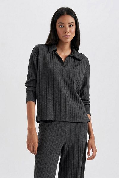 DeFacto Relax Fit Polo Neck Ribbed Camisole Long Sleeve T-Shirt B2404Ax23Au
