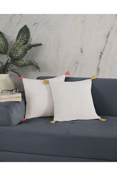 Lux Touch Bergama Ecru Κάλυμμα Μαξιλαριού Ριχτάρι 2 τεμαχίων - Πολύχρωμο, Πομπόν, Σετ Μαξιλαριού με φερμουάρ, Φούντα 45x45 cm