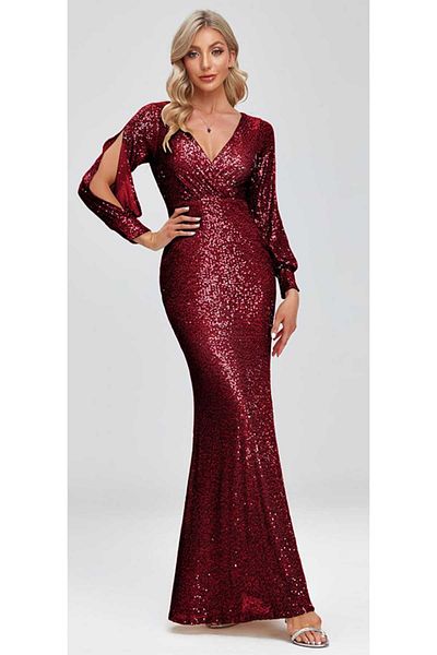 hilaltrendd Long Sleeve Sequin Double Breasted Collar Evening Dress