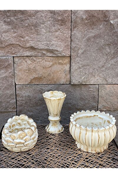 Peramari Σετ Διακοσμητικό Τριπλό Βάζο από Πολυεστέρα - Κρεμ Χρυσό Αντίκα