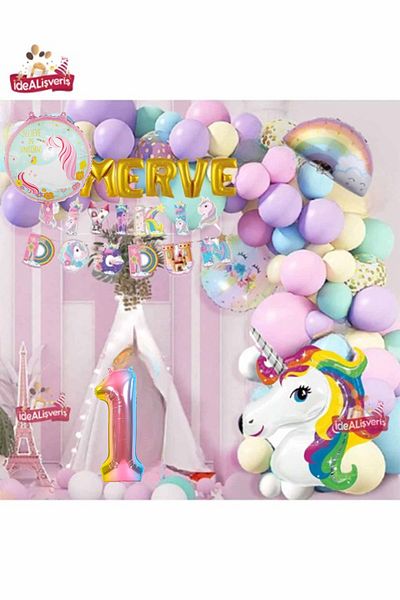 Bkmc Unicorn Themed 5-Piece Gold Letter Macaron Balloon Set - for Birthday Party Celebration
