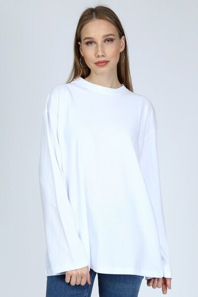 BASICA Clasy Kadın Beyaz Uzun Kollu Bisiklet Yaka Basic Oversize Sweatshirt
