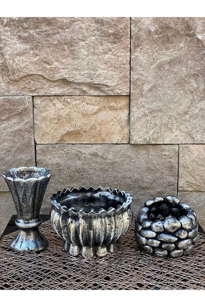 Peramari Σετ Τριών Βάζων Πολυεστέρα - Ασημί Μαύρο Αντίκα