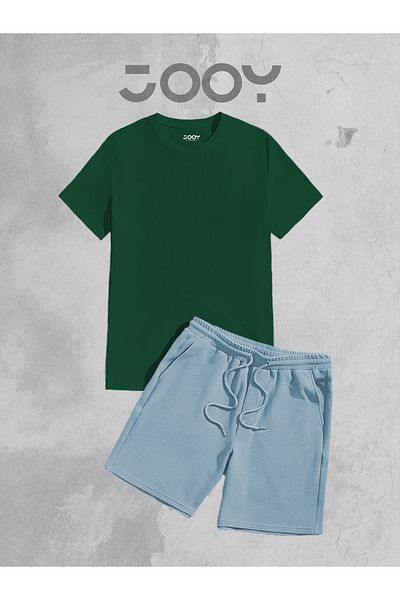 Jooy Company Σετ πράσινο oversize μπλουζάκι και μπλε χτενισμένο βαμβακερό σορτς