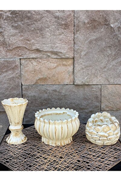 Peramari Σετ Διακοσμητικό Τριπλό Βάζο από Πολυεστέρα - Κρεμ Χρυσό Αντίκα