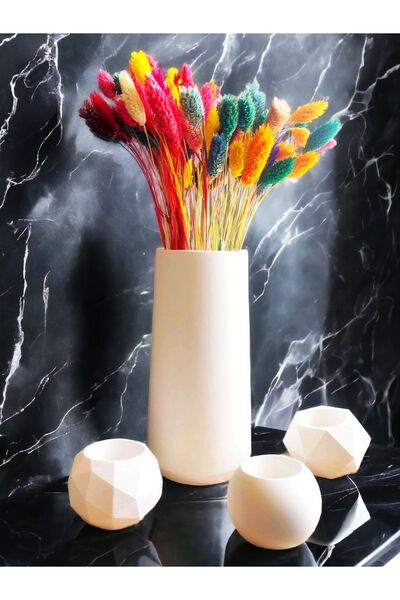 stonnish 20 cm Cylinder Concrete Long Vase and Candle Holder Set - Decorative and Gift, Raw White (4 Pieces)