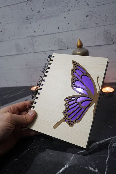 markcat Butterfly Patterned Unlined Notebook with Wooden Cover - Agenda - Diary - A5 Memory Book - 120 Pages