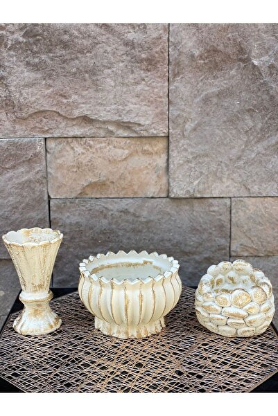 Peramari Σετ Διακοσμητικό Τριπλό Βάζο από Πολυεστέρα - Κρεμ Χρυσό Αντίκα