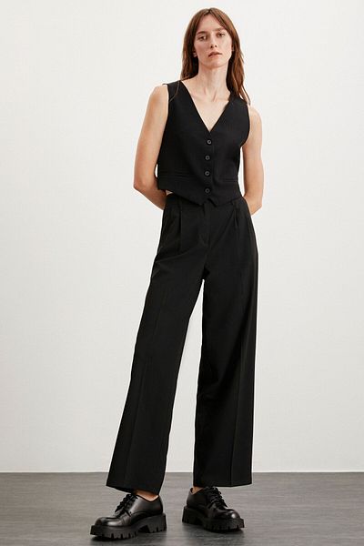 GRIMELANGE Luzia – Schwarze Webhose mit weitem Bein und Knöchellänge für Damen