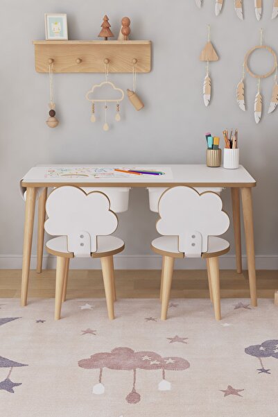 OBİ Atölye Resim Kağıdı Rulolu Çocuk Oyun Aktivite Masası 2 Sandalyeli Çekmeceli Çocuk Masası - Bulut