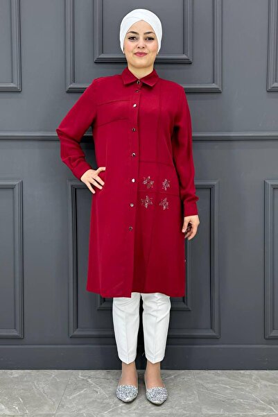 PERFECT Kadın Önül Taş Detaylı Gömlek PFC-1519-BORDO