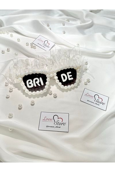 LoveStore Special Design Sunglasses for Bride - with Pearls and Feathers, Text Photo Shoot Accessory