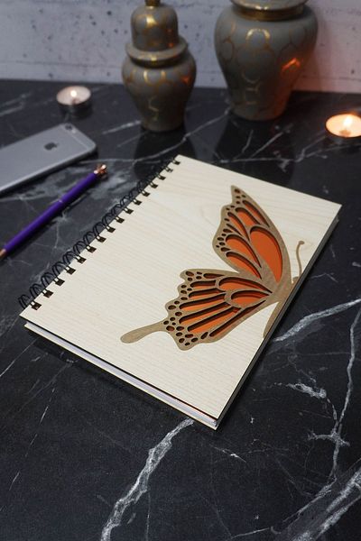 markcat Butterfly Patterned Wooden Cover Notebook - Agenda - Diary - Unlined Notebook - A5 Notebook Memory Book