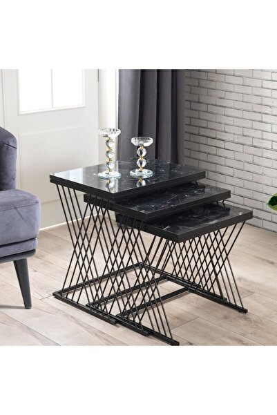Mobievim Vienna Siyah Metal Ayaklı Mermer Desenli Mdf'li Zigon Sehpa