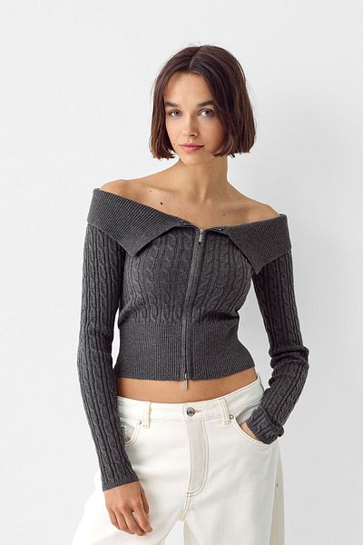Bershka Open Shoulder Cardigan with Zippered Hair Braid