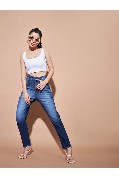 Sassafras By Styli High Rise Frayed Edge Slim Fit Jeans