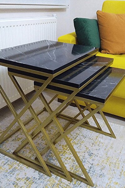 Mobievim Venedik Gold Metal Ayaklı,Mermer Desenli Mdf'li Zigon Sehpa